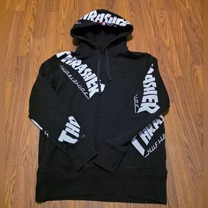 HUF x Thrasher TDS All Over Print Hoodie Black Mens M Skate Streetwear E68